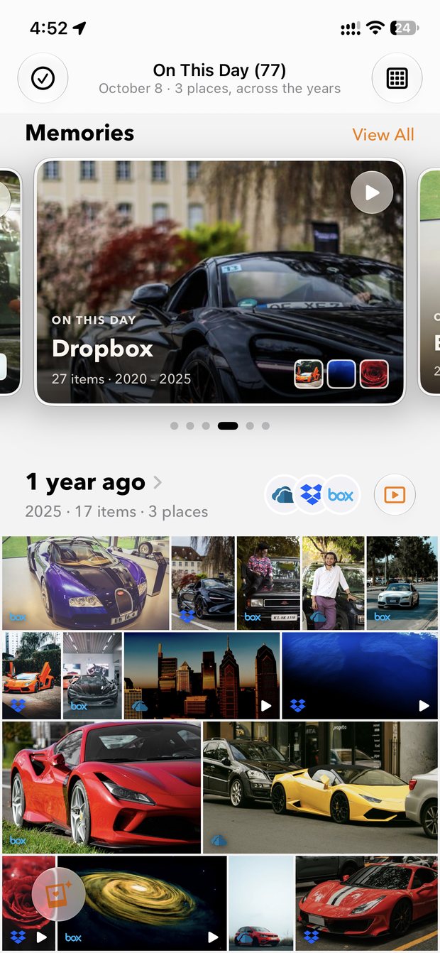 On This Day memories on iPhone, grouped by year across Dropbox, OneDrive and Box