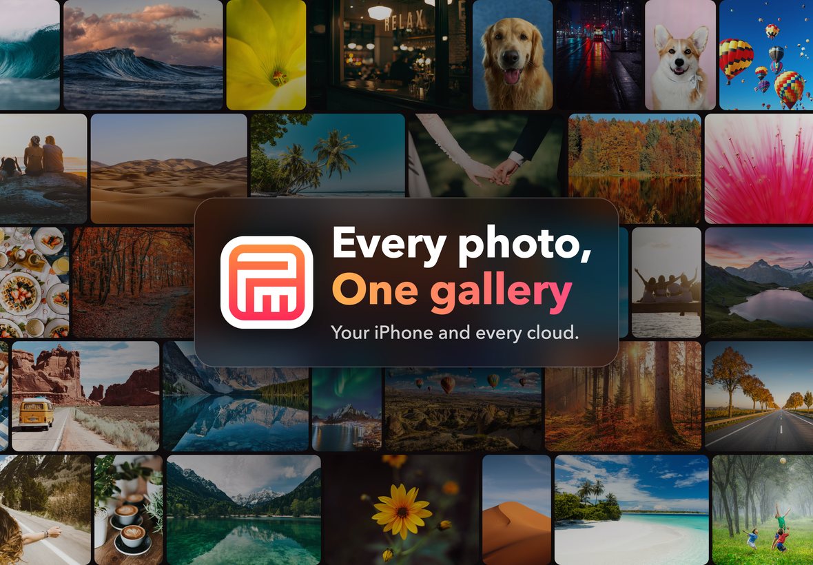 Every photo, one gallery: the PhotoMesh logo over a wall of photos