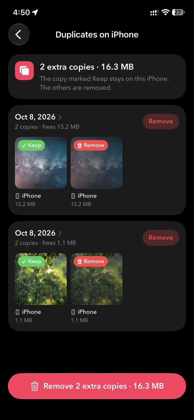 Duplicates on iPhone, marking extra copies to remove